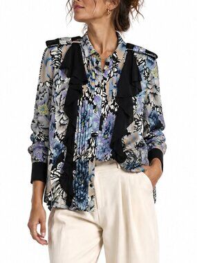 Coach Kaffe Fassett Floral Ruffle Blouse Pleated Bib Button Front Top